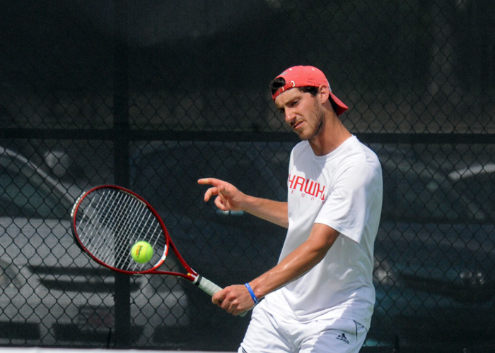 Zac Baldwin teamed with Bobby Foroughian to win 8-2 at No. 1 doubles on Saturday in the USA South Athletic Conference Tournament semifinals. (Photo by Sydney Robbins)