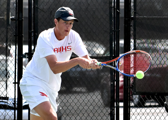 Ryan Runager teamed with Justin McQueen at No. 2 doubles to take a 8-1 win. (Photo by Wesley Lyle)